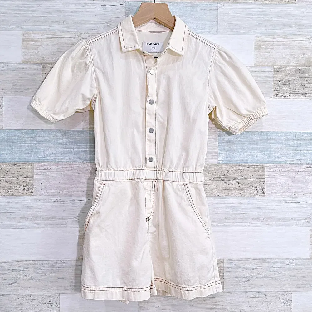 Old Navy Puff Sleeve Button Front Romper Cream Cotton Casual Girls Large 10 12